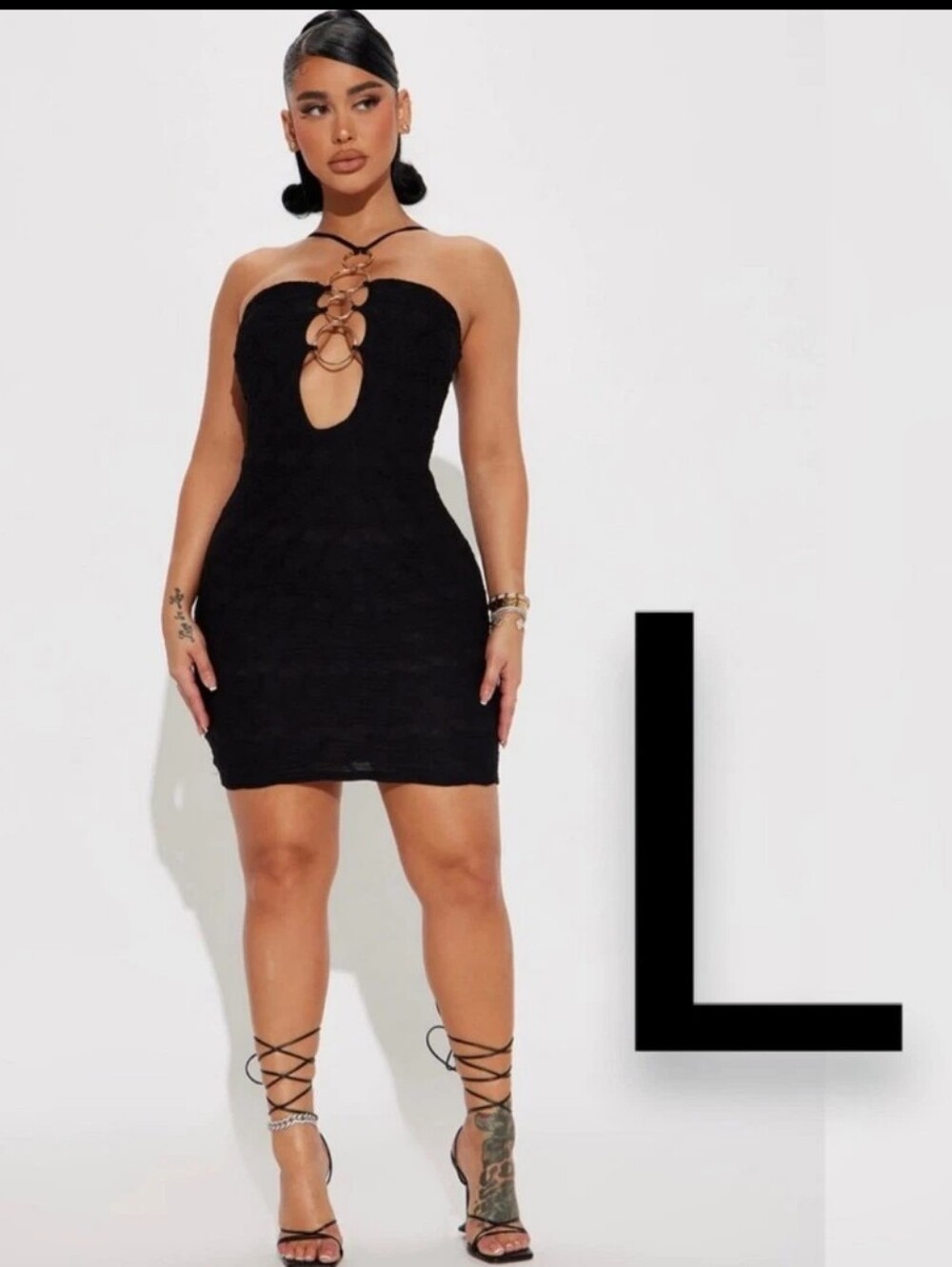 🆕Fashion Nova Black Silver O-Rings Cut Out Loretta Mini Dress~Size L